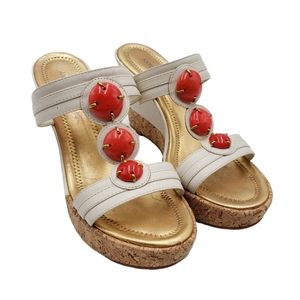 Antonio Melani Leather Womens 7.5 Cork Wedge Sandals White Pink Beaded T Strap